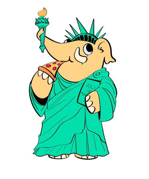 A cartoon mastodon dressed like the Statue of Liberty and enjoying a slice of pizza.